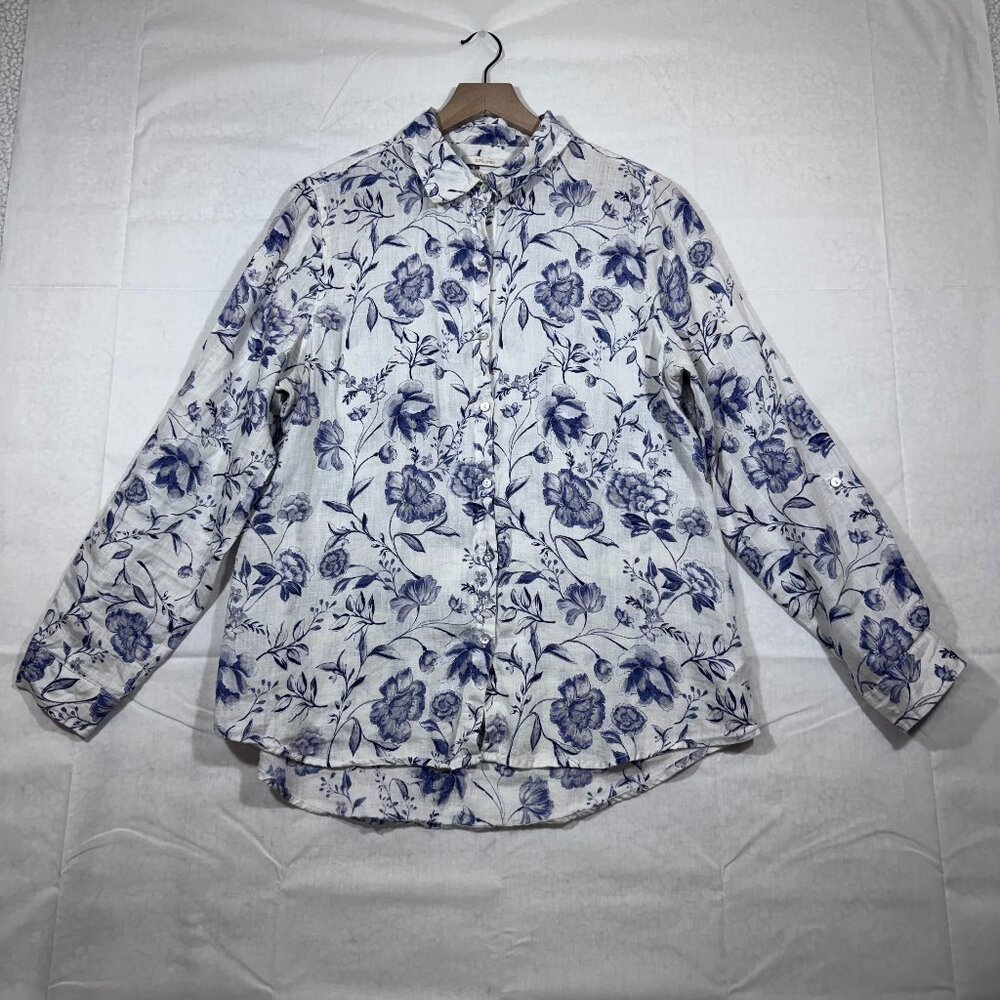 Cynthia Rowley Linen Button Down Shirt Womens L Blue Floral Cottagecore